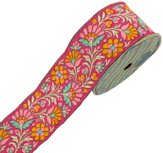 1 Yard Sari Border Indian Craft Trim Sewing Floral Ribbon Lace Edging Tape Pink