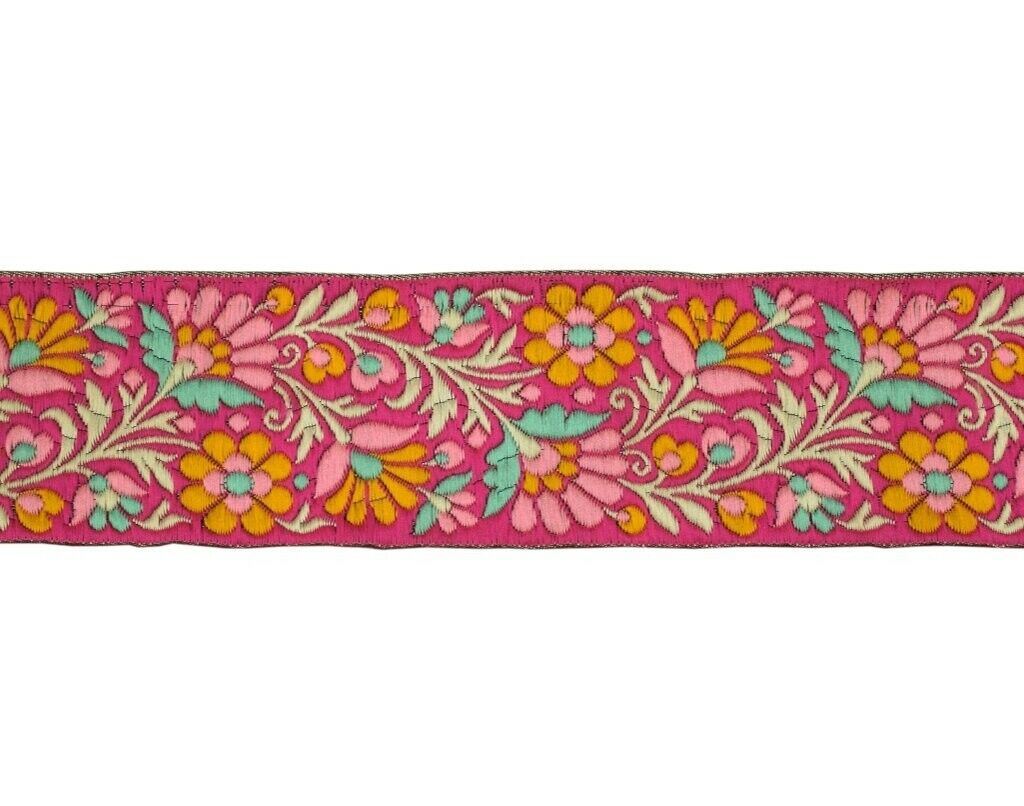 1 Yard Sari Border Indian Craft Trim Sewing Floral Ribbon Lace Edging Tape Pink