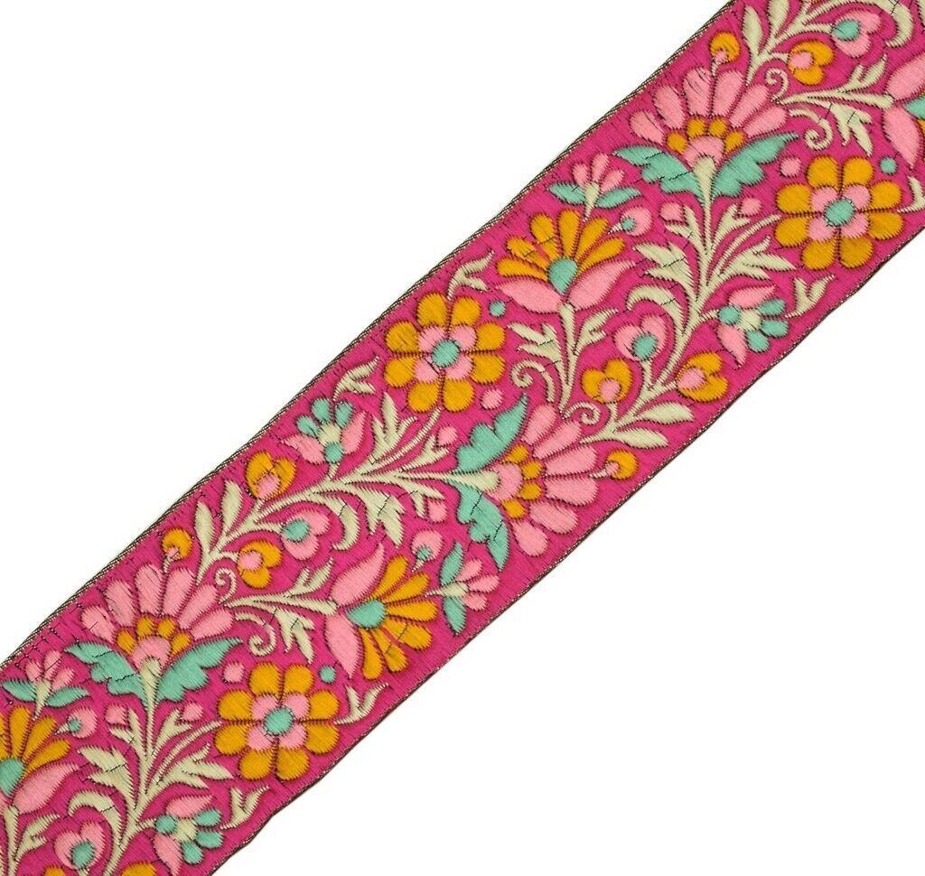 1 Yard Sari Border Indian Craft Trim Sewing Floral Ribbon Lace Edging Tape Pink