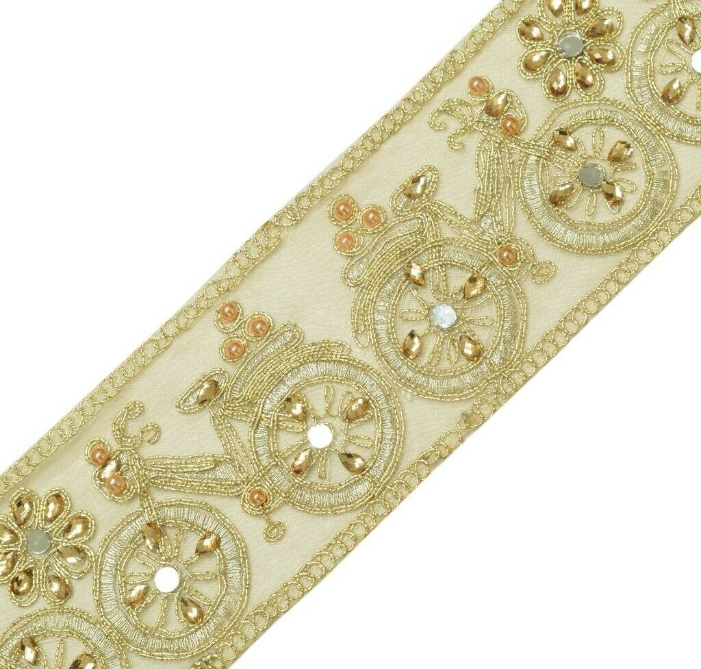 1 Yard Mirror Stone & Zari Work Zari Border Indian Craft Trim Sewing Ribbon Lace
