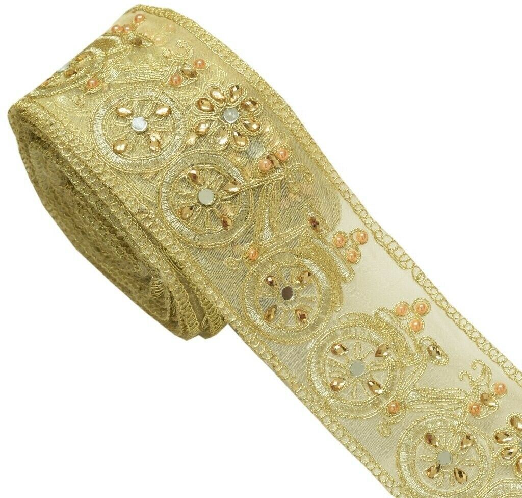 1 Yard Mirror Stone & Zari Work Zari Border Indian Craft Trim Sewing Ribbon Lace