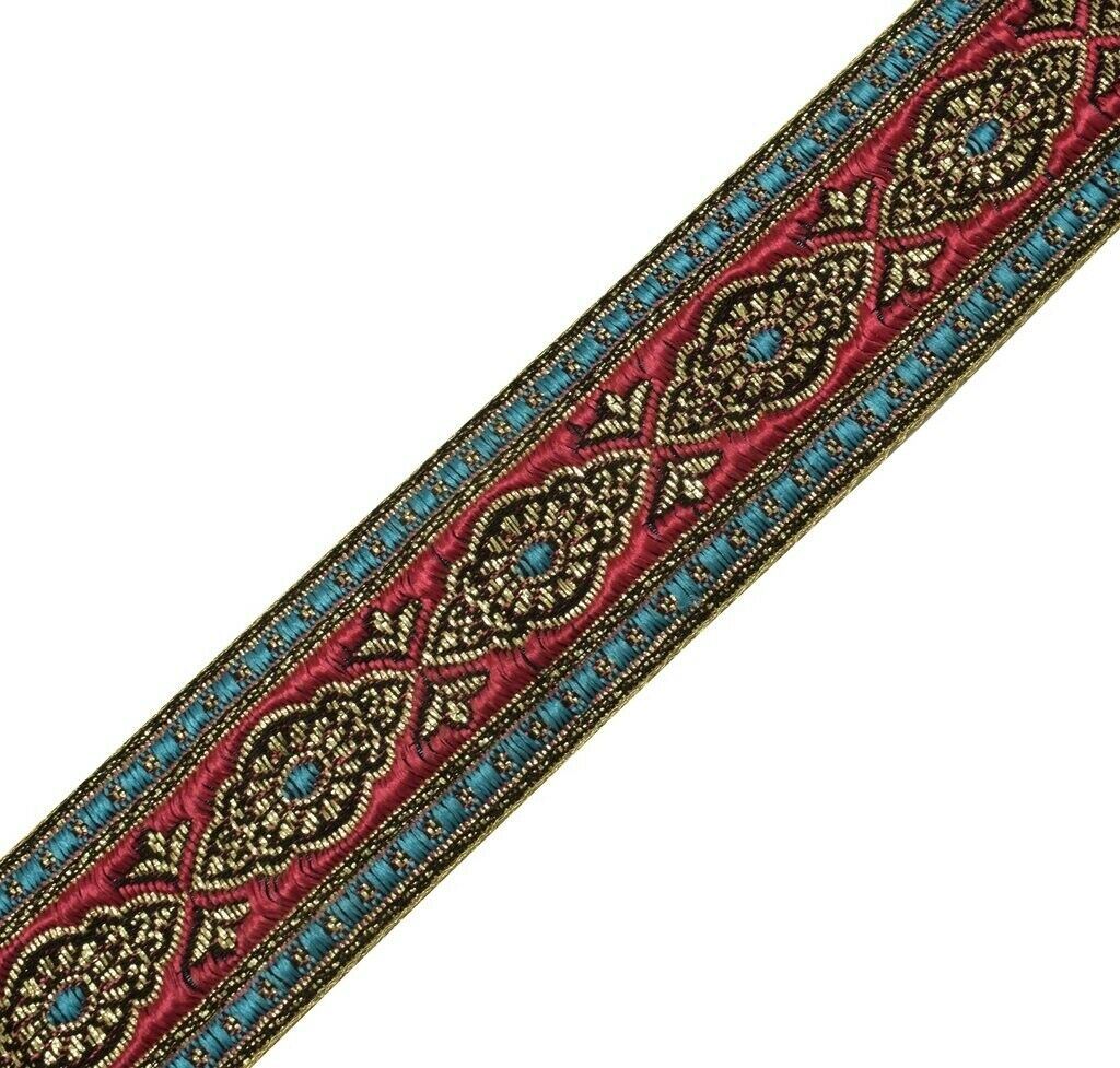 2.10" W 2 Yard Saree Border Indian Craft Trim Woven Pink Blue Sewing Ribbon Lace