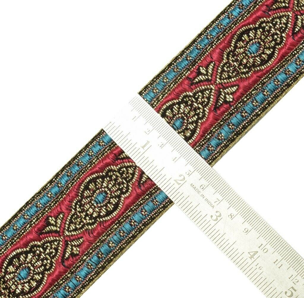 2.10" W 2 Yard Saree Border Indian Craft Trim Woven Pink Blue Sewing Ribbon Lace