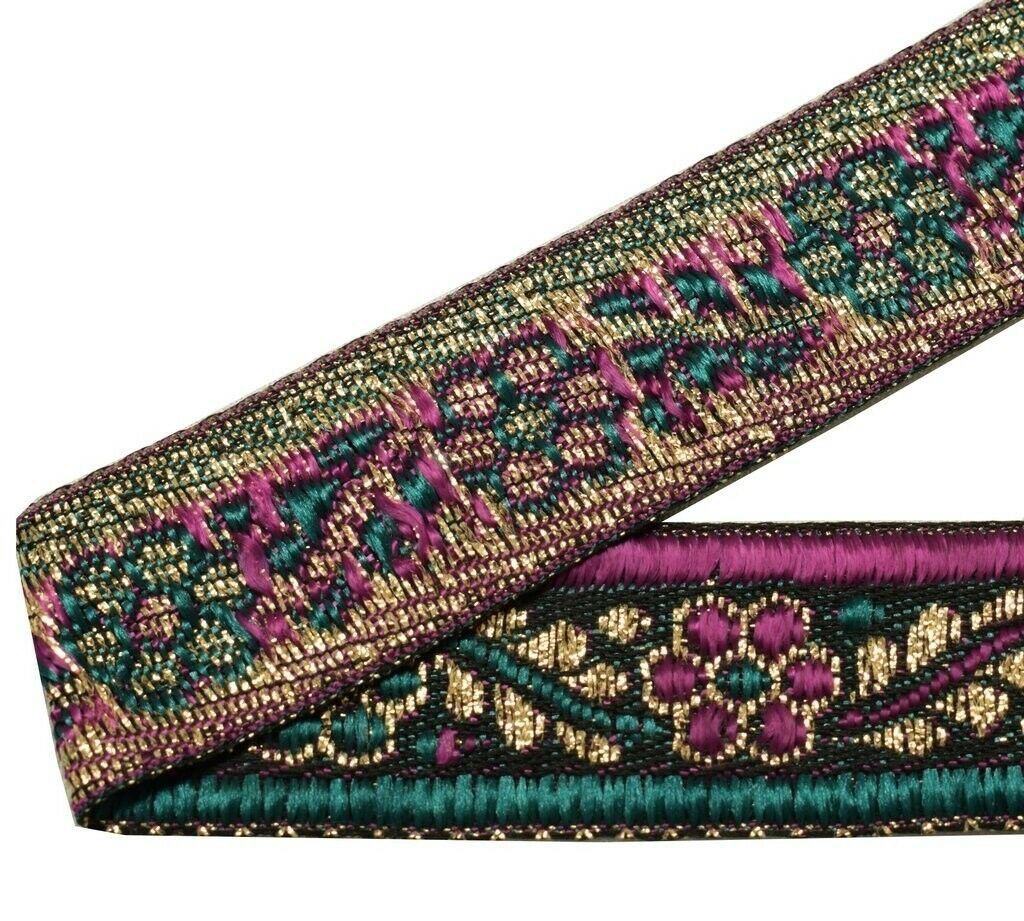 1.25" W 3 Yard Woven Border Indian Craft Trim Black Purple Green Sewing Lace