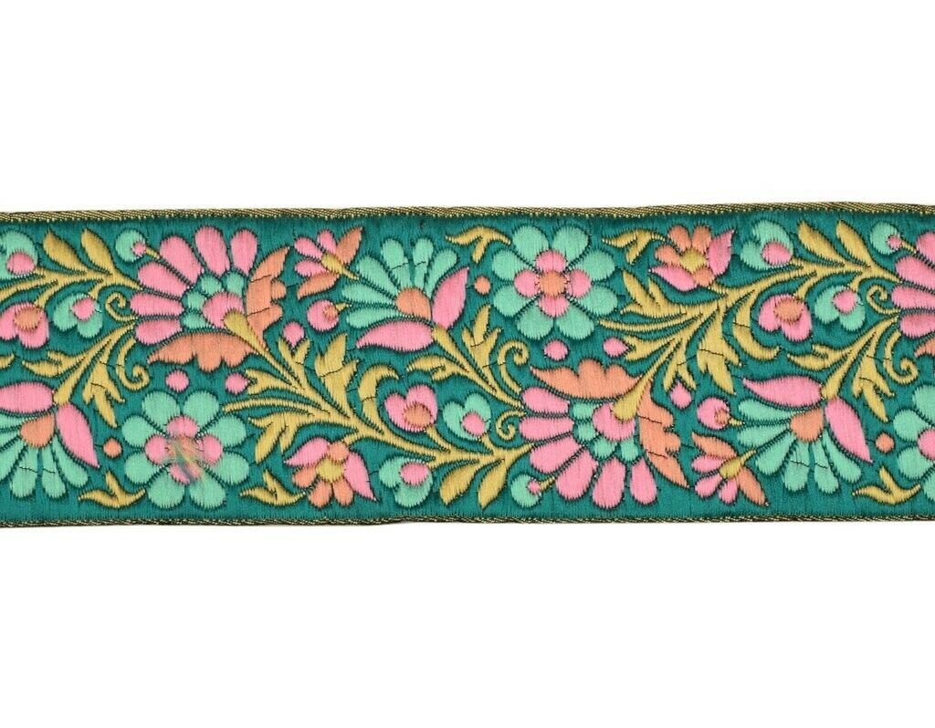 1 Yard Sari Border Indian Craft Trim Sewing Floral Ribbon Lace Edging Tape Green
