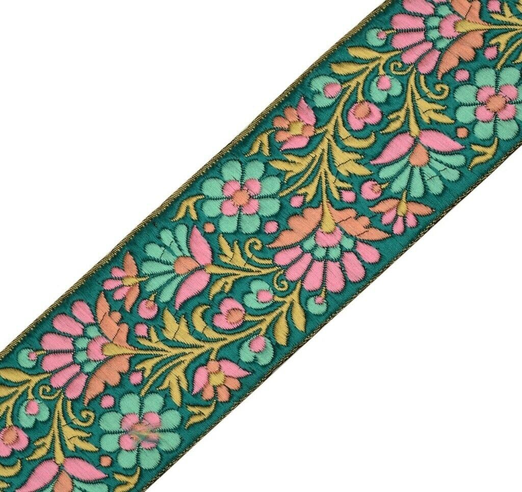 1 Yard Sari Border Indian Craft Trim Sewing Floral Ribbon Lace Edging Tape Green