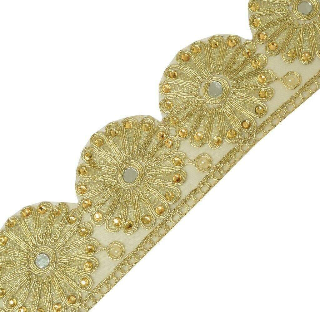 1 Yard Mirror Stone & Zari Work Zari Border Indian Craft Trim Sewing Ribbon Lace