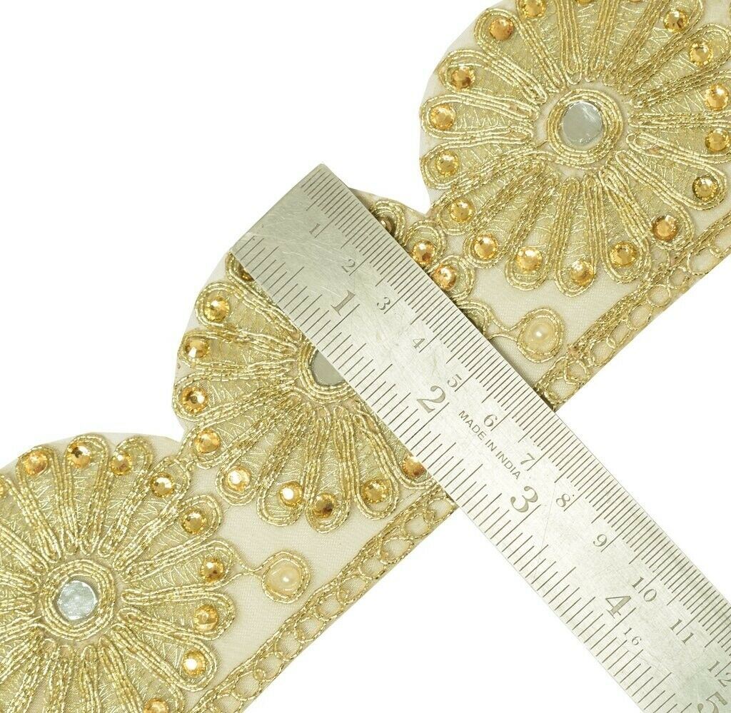 1 Yard Mirror Stone & Zari Work Zari Border Indian Craft Trim Sewing Ribbon Lace