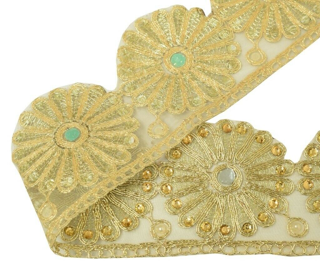 1 Yard Mirror Stone & Zari Work Zari Border Indian Craft Trim Sewing Ribbon Lace