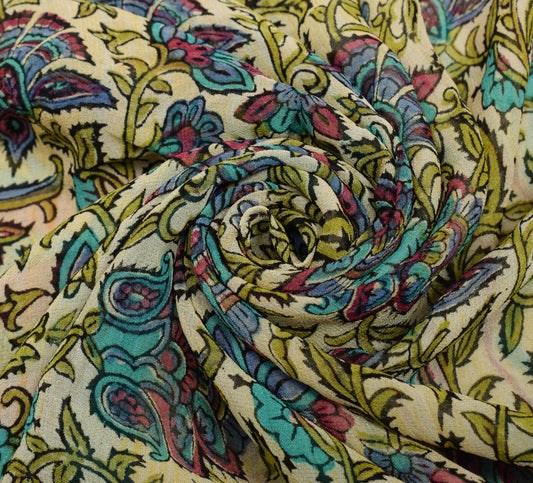 Sushila Vintage Cream Saree 100% Pure Georgette Silk Printed Floral Craft Fabric