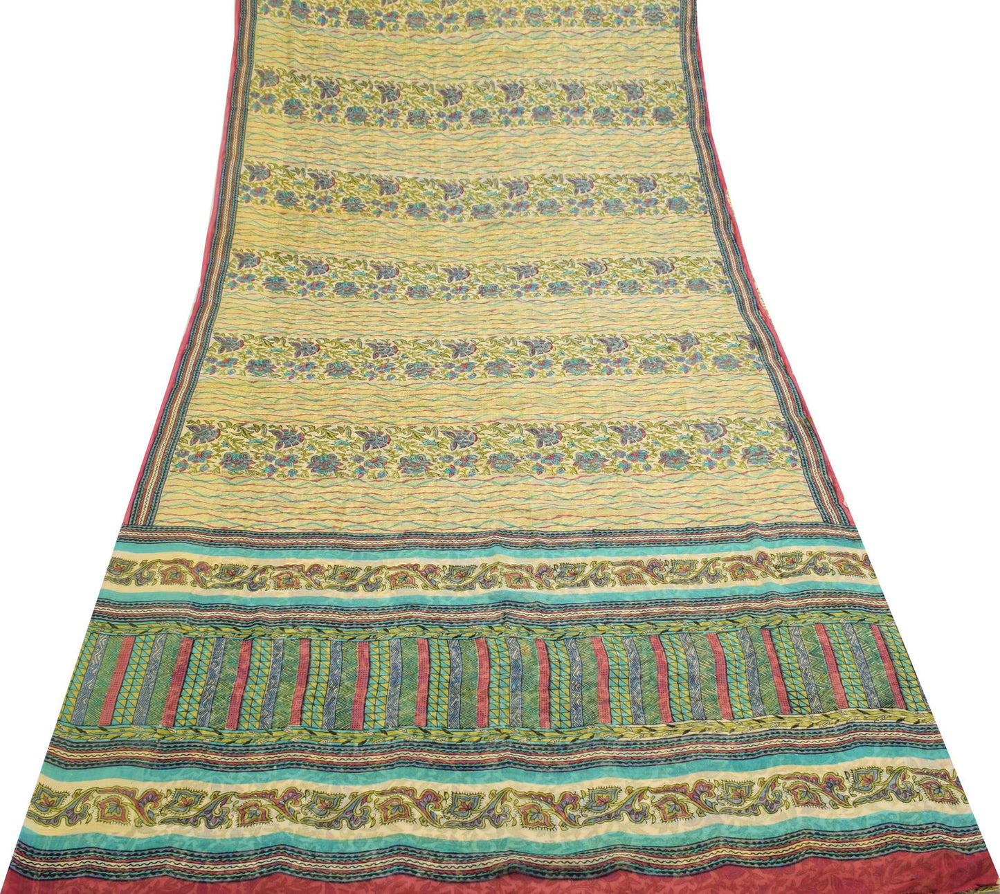 Sushila Vintage Cream Saree 100% Pure Georgette Silk Printed Floral Craft Fabric