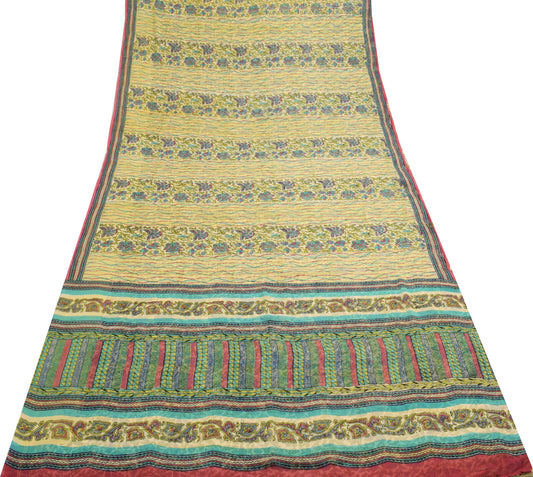 Sushila Vintage Cream Saree 100% Pure Georgette Silk Printed Floral Craft Fabric