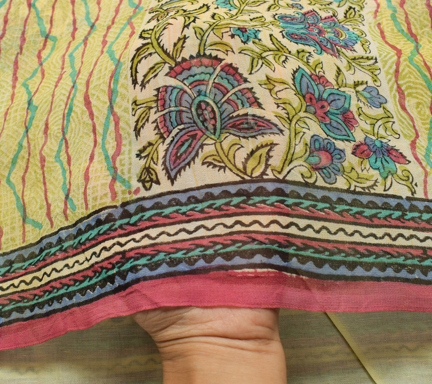 Sushila Vintage Cream Saree 100% Pure Georgette Silk Printed Floral Craft Fabric