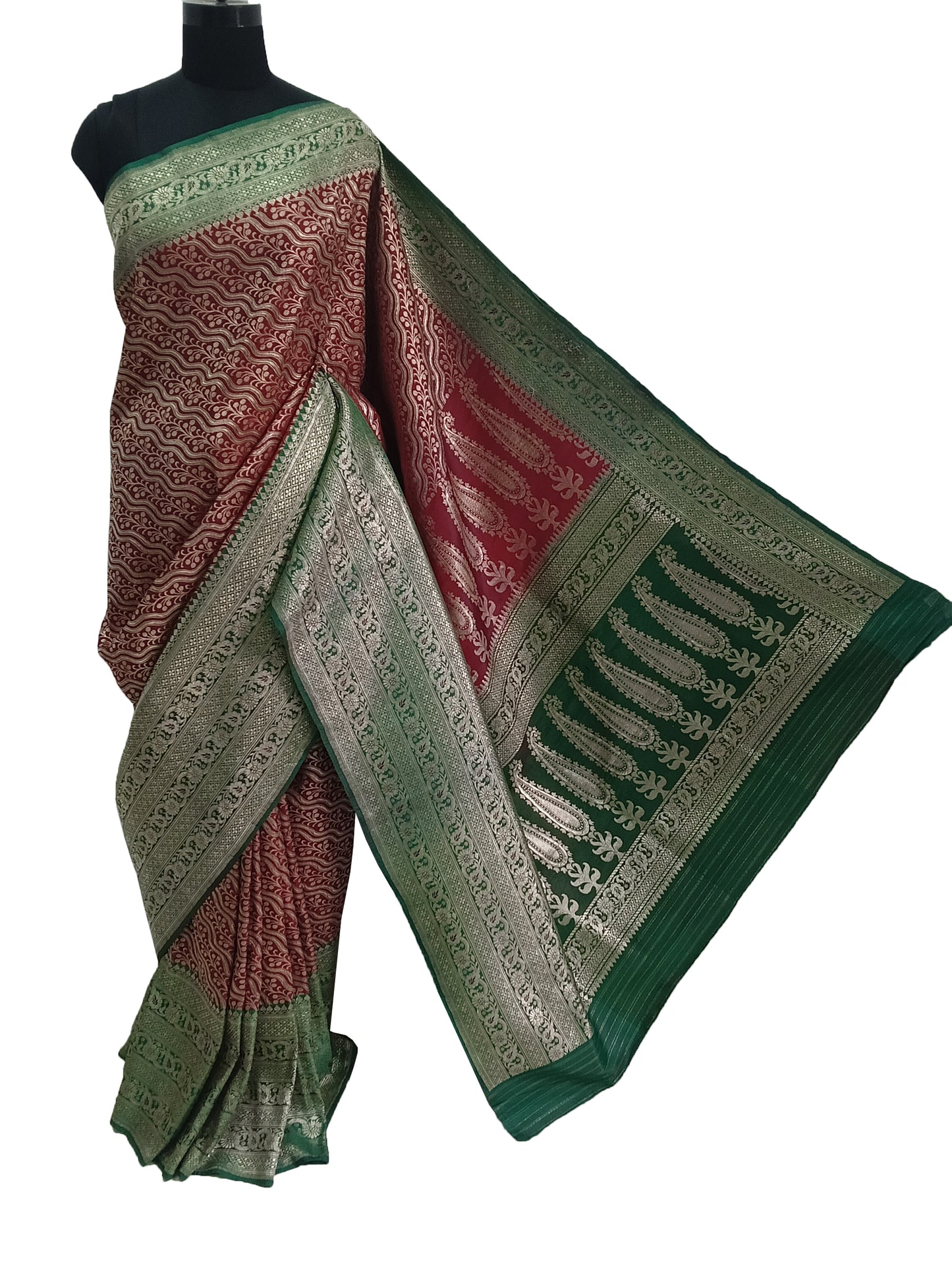 Sushila Vintage Red Green Saree Pure Satin Silk Banarasi Brocade Skirt Border HEAVY Sari