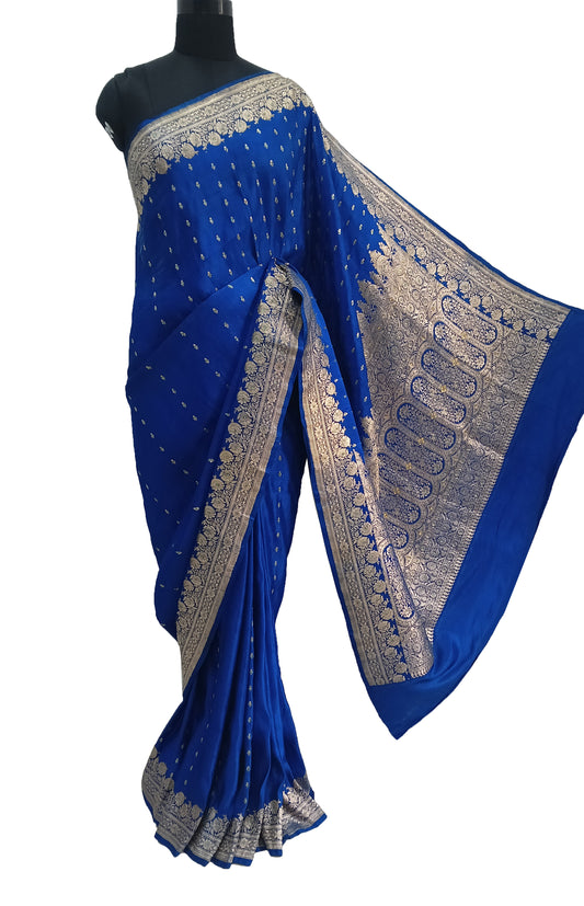 Sushila Vintage Heavy Saree Pure Satin Silk Banarasi Brocade Blue Sari Fabric
