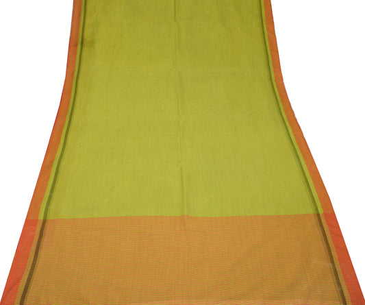 Sushila Vintage Green Art Cotton Scrap Saree Stripes Woven 5YD Sari Craft Fabric