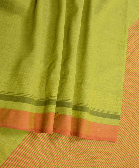 Sushila Vintage Green Art Cotton Scrap Saree Stripes Woven 5YD Sari Craft Fabric
