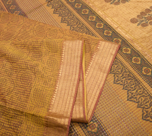 Sushila Vintage BEANDED Green Scrap Saree Pure Cotton Woven 6YD Sari Craft Fabric