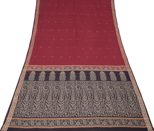 Sushila Vintage Maroon Pure Cotton Scrap Saree Hand Woven Sari Craft Fabric