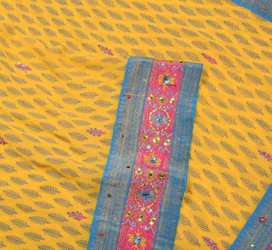 Sushila Vintage Yellow Printed Scrap Saree Pure Georgette Hand Work Sari Craft Fabric