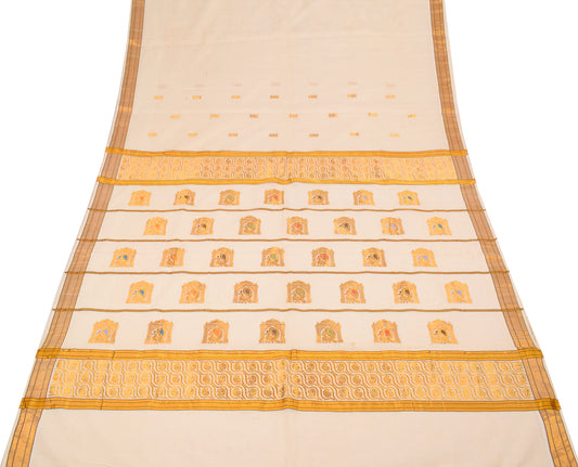 Sushila Vintage Kerala Kasavu Pure Cotton Saree Gold Zari Brocade Cream Scrap Sari Fabric