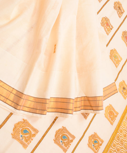 Sushila Vintage Kerala Kasavu Pure Cotton Saree Gold Zari Brocade Cream Scrap Sari Fabric