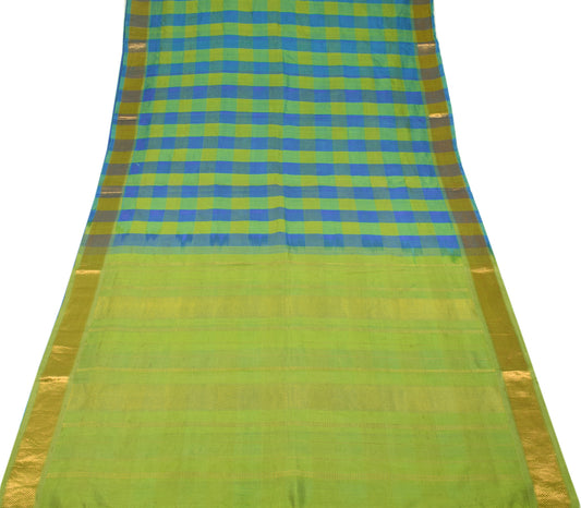 Sushila Vintage Yellow Blue Sari Check Chettinad Scrap Saree Pure Cotton Silk Craft Fabric