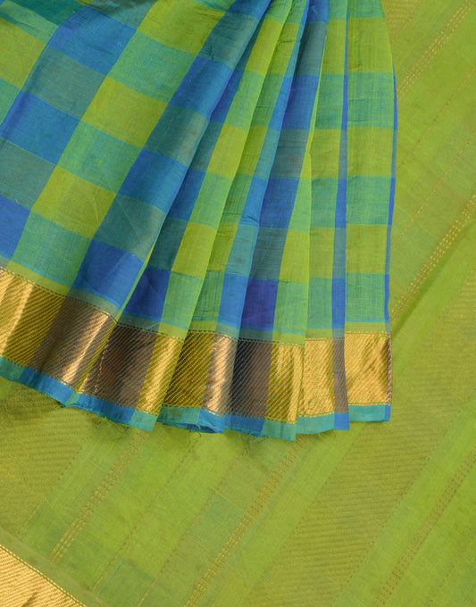 Sushila Vintage Yellow Blue Sari Check Chettinad Scrap Saree Pure Cotton Silk Craft Fabric