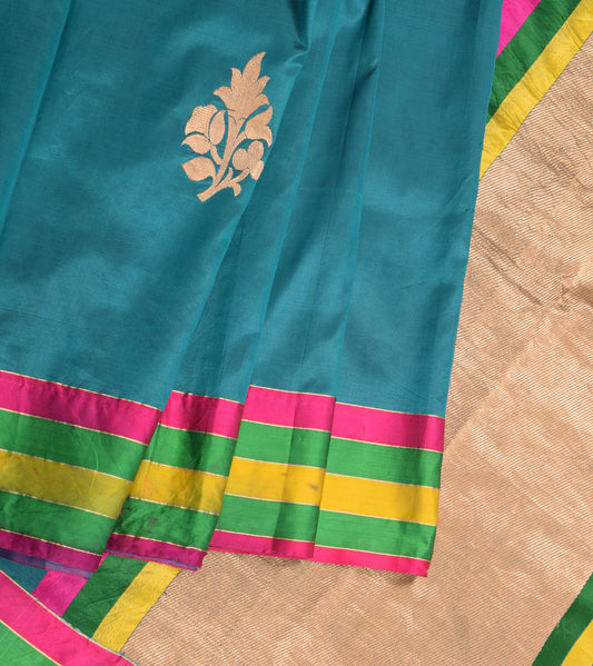 Sushila Vintage Teal Blue Scrap Saree Pure Silk Zari Woven Sari Craft Fabric