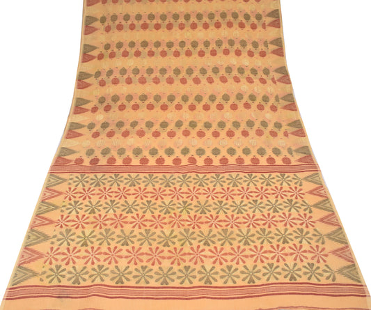 Sushila Vintage Bengal Tant Scrap Saree Pure Cotton Peach Sari Craft Fabric
