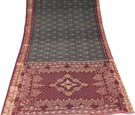 Sushila Vintage Black Ikat Scrap Saree Pure Cotton Silk Hand Woven Sari Craft Fabric
