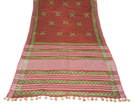 Sushila Vintage Pure Linen Scrap Saree Brown Batik Handloom 6YD Sari Craft Fabric