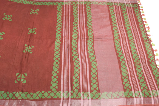 Sushila Vintage Pure Linen Scrap Saree Brown Batik Handloom 6YD Sari Craft Fabric
