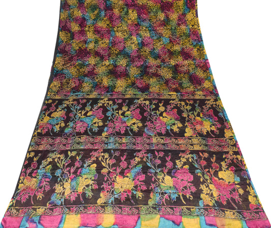 Sushila Vintage Pure Silk Scrap Saree Printed Aari Work Multi-Color Sari Craft Fabric