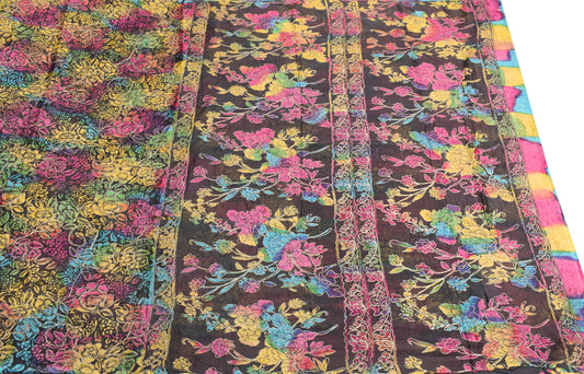 Sushila Vintage Pure Silk Scrap Saree Printed Aari Work Multi-Color Sari Craft Fabric