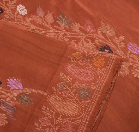 Sushila Vintage Rust Pure Silk Scrap Saree Hand Woven Paisley Sari Craft Fabric