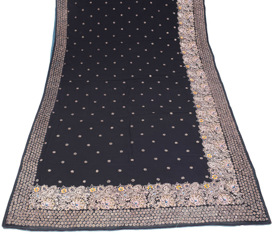 Sushila Vintage HEAVY Black Scrap Saree Pure Georgette Zari Embroidered Sari Craft Fabric