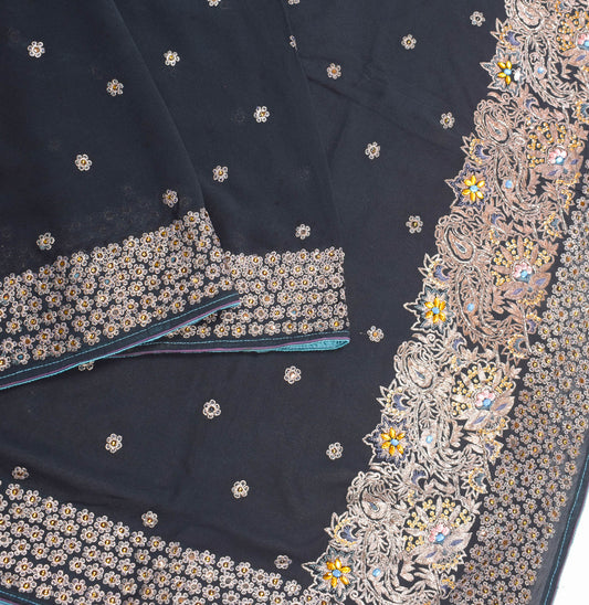 Sushila Vintage HEAVY Black Scrap Saree Pure Georgette Zari Embroidered Sari Craft Fabric