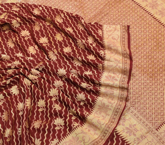 Sushila Vintage Maroon Handloom Scrap Saree Pure Banarasi Georgette Sari Craft Fabric