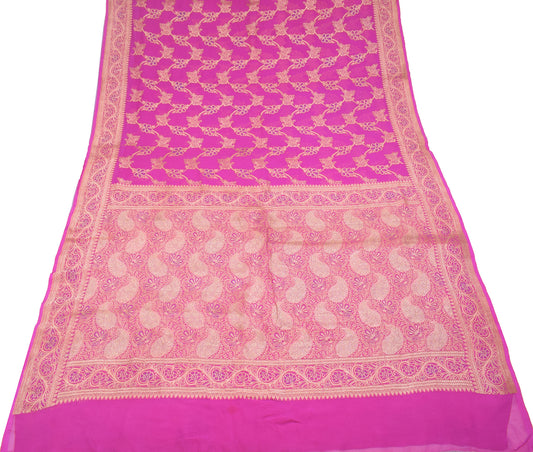 Sushila Vintage Magenta Handloom Scrap Saree Pure Banarasi Georgette Sari Craft Fabric