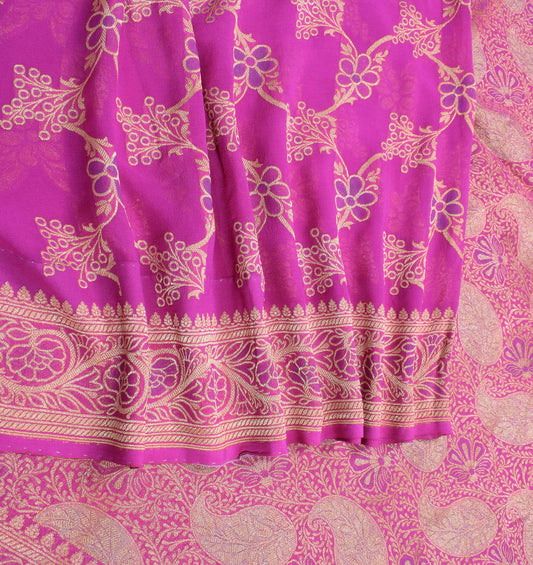 Sushila Vintage Magenta Handloom Scrap Saree Pure Banarasi Georgette Sari Craft Fabric