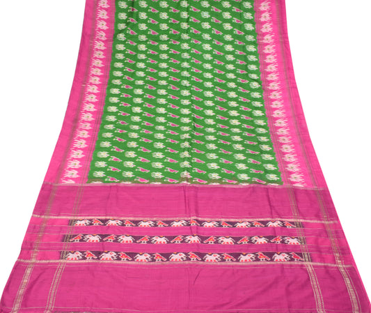 Sushila Vintage Green Ikat Scrap Saree Pure Silk Hand Woven Animal Sari Craft Fabric