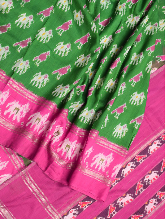 Sushila Vintage Green Ikat Scrap Saree Pure Silk Hand Woven Animal Sari Craft Fabric