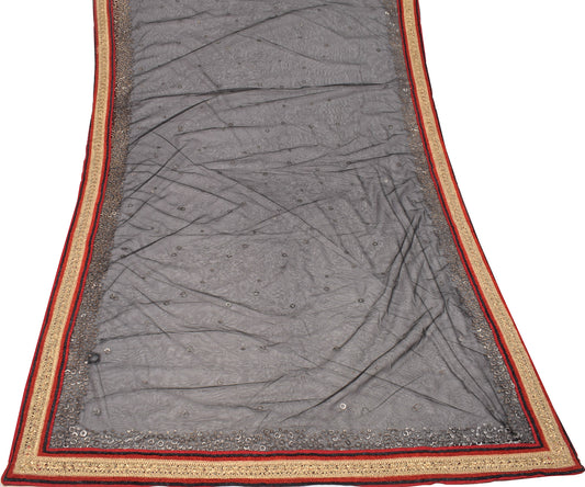 Sushila Vintage Black Net Scrap Saree Mukesh Work Red Border Sari Craft Fabric