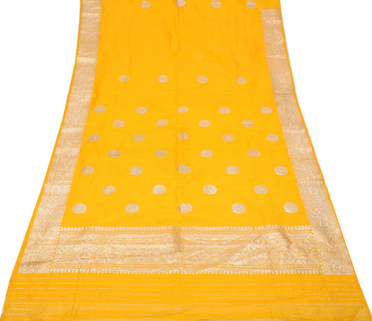 Sushila Vintage Yellow Banarasi Scrap Saree Art Cotton Silk Sari Brocade Craft Fabric