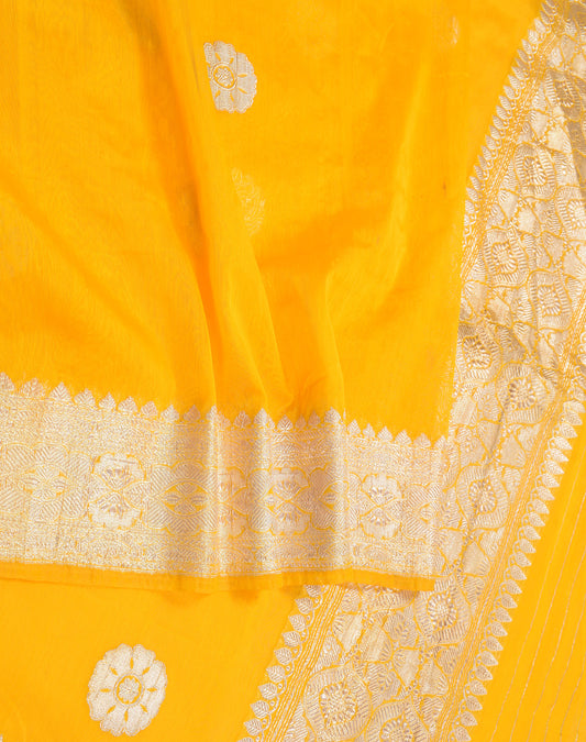 Sushila Vintage Yellow Banarasi Scrap Saree Art Cotton Silk Sari Brocade Craft Fabric