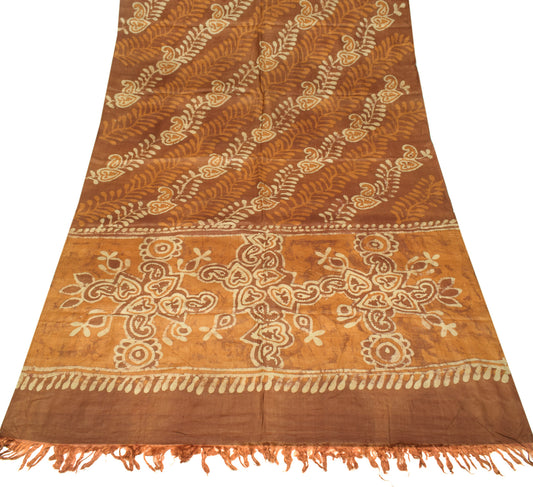Sushila Vintage Batik Printed Scrap Saree Pure Tussar Silk Sari Brown Craft Fabric