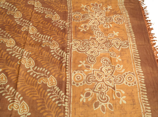 Sushila Vintage Batik Printed Scrap Saree Pure Tussar Silk Sari Brown Craft Fabric