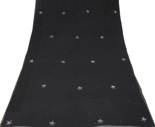 Sushila Vintage Black Scrap Saree Pure Georgette Hand Embroidered Sari Craft Fabric