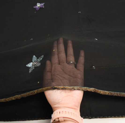 Sushila Vintage Black Scrap Saree Pure Georgette Hand Embroidered Sari Craft Fabric